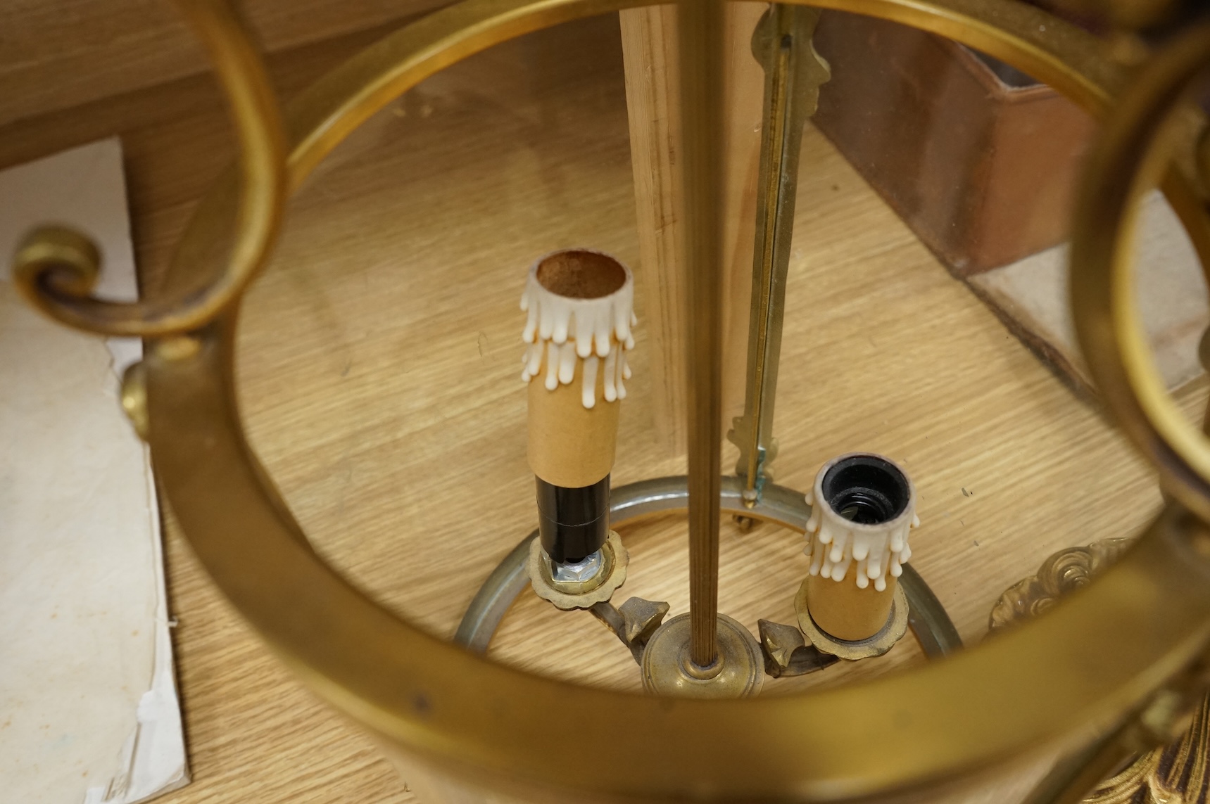 A cylindrical brass hanging hall lantern, 86cm high overall
